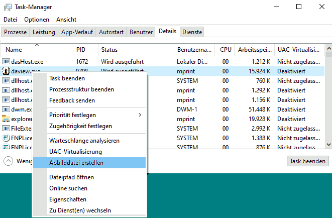 Bildschirmfoto Task-Manager mit Kontextmenü